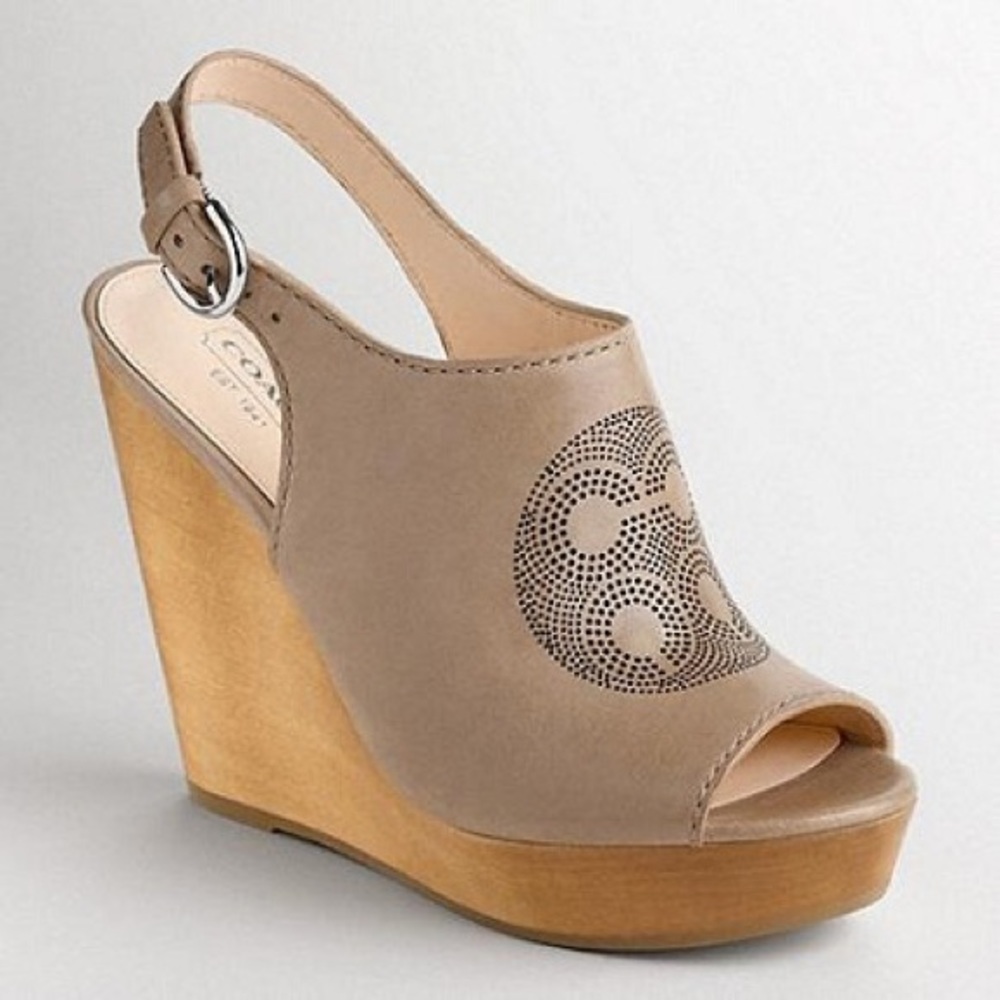 Coach Jade Beige Leather Wedge Sandals with Laser Cut Detail. Size 9